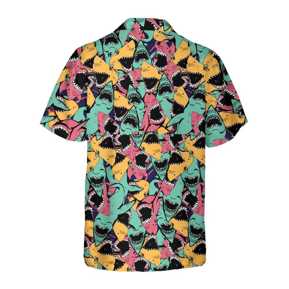 Angry Shark Seamless Pattern Hawaiian Shirt, Shark Shirt Button Up For Adults, Shark Print Aloha Shirt, Best Gift For Husband, Wife, Boyfriend, Girlfriend