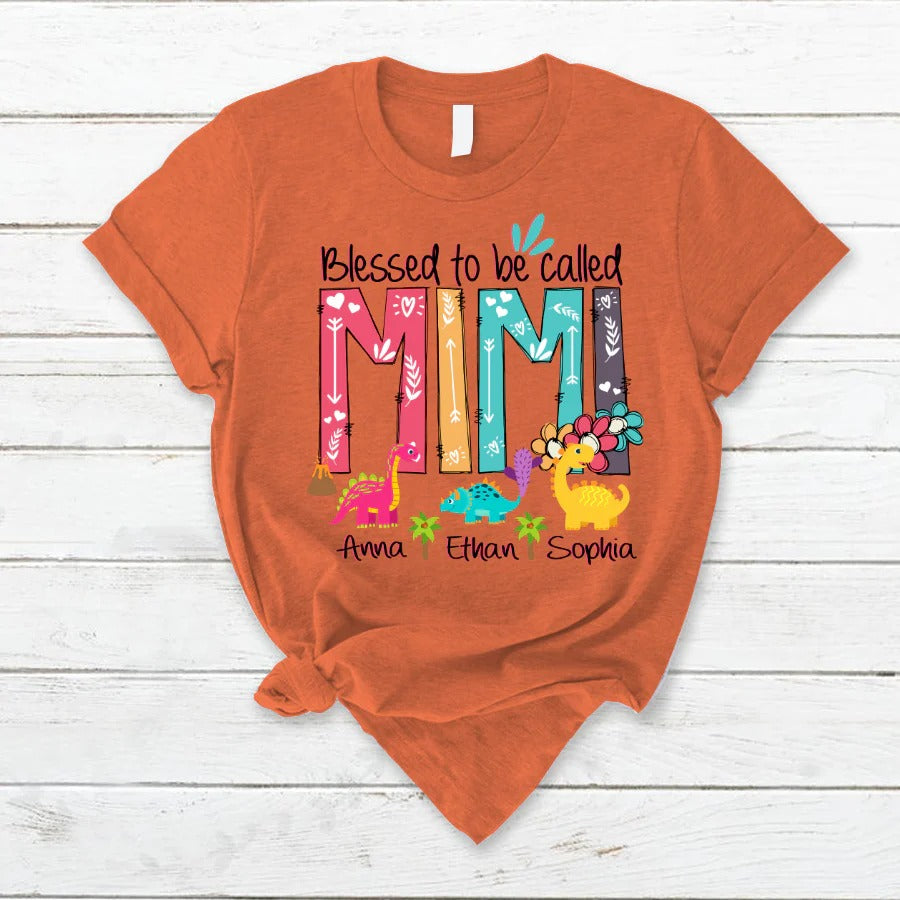 Mimi and Kids Custom Name T-shirt, Blessed To Be Called Mimi Dinosaur Personalized Shirt - Perfect Gift For Gigi, Nana, Mimi, Grandma