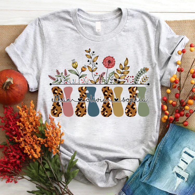 Nana And Kids Custom Name T-shirt,  Mother's Day Shirt, Autumn Flowers Nana And Kids Personalized Shirt - Perfect Gift For Nana, Mimi, Grandma