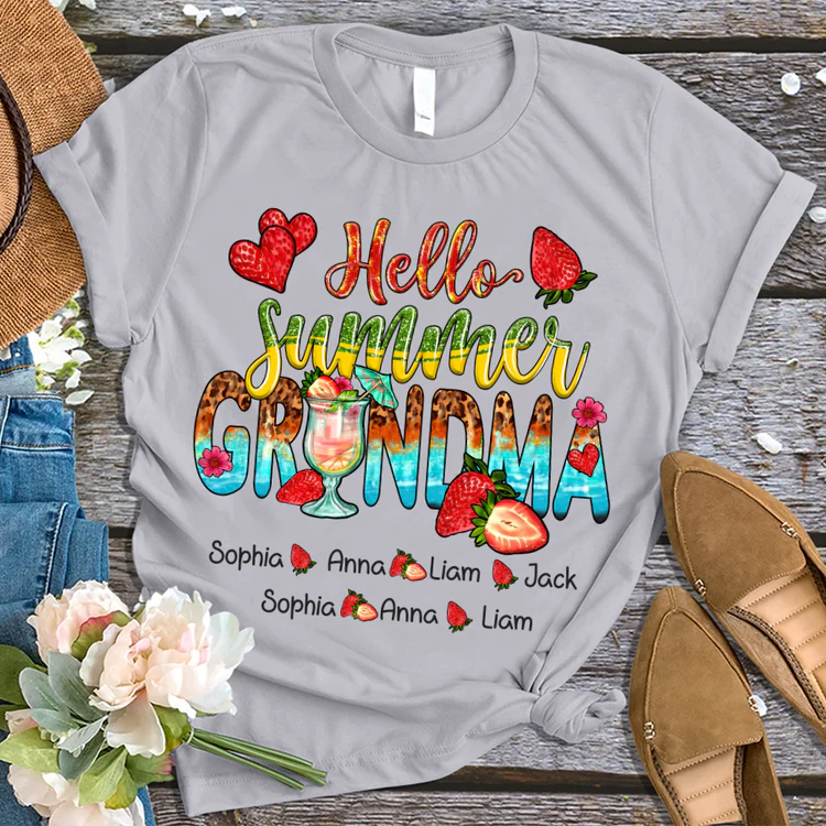 Grandma And Kids Custom Name T-shirt, Mother's Day Shirt, Hello Summer Strawberry Grandma And Kids Personalized Shirt - Perfect Gift For Nana, Mimi, Grandma