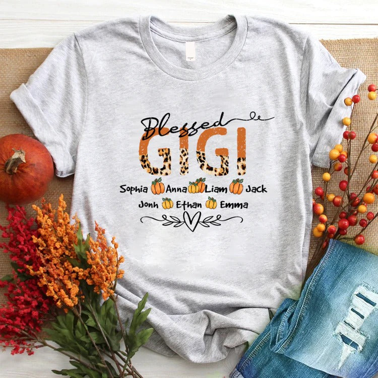 Gigi And Kids Custom Name T-shirt, Mother's Day Shirt, Leopard Blessed Gigi And Kids Pumpkin Personalized Shirt - Perfect Gift For Gigi, Nana, Mimi, Grandma
