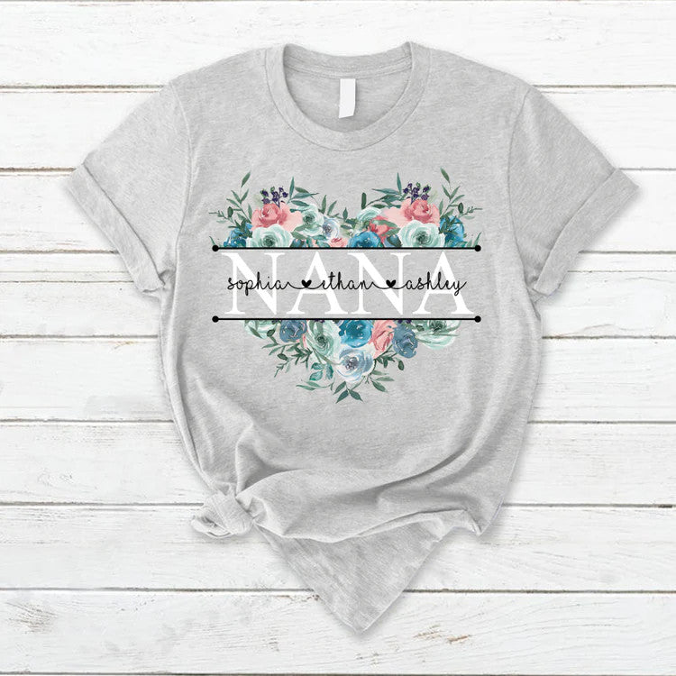 Personalized T-Shirt, Mother's Day Gift T-Shirt, Pastel Peony Rose Nana And Grandkids Custom T-Shirt, Custom Name And Kid Names On T-Shirt
