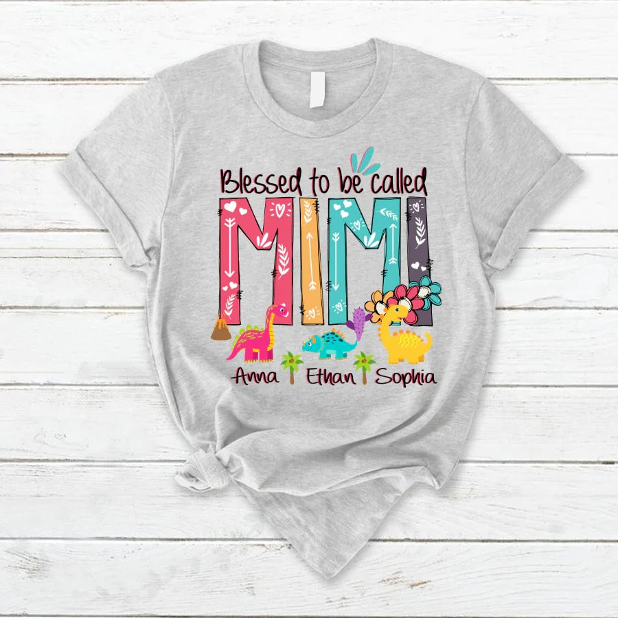 Mimi and Kids Custom Name T-shirt, Blessed To Be Called Mimi Dinosaur Personalized Shirt - Perfect Gift For Gigi, Nana, Mimi, Grandma