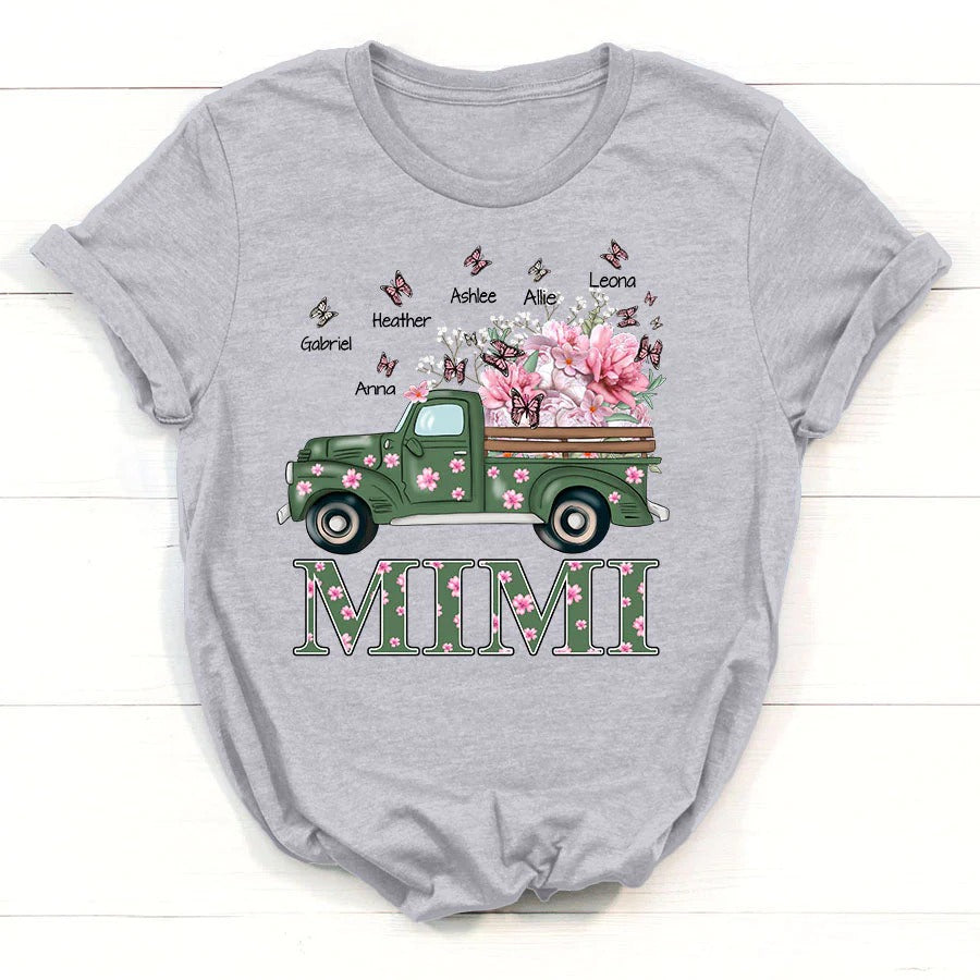 Mimi and Kids Custom Name T-shirt, Flower Truck Personalized Shirt - Perfect Gift For Gigi, Nana, Mimi, Grandma