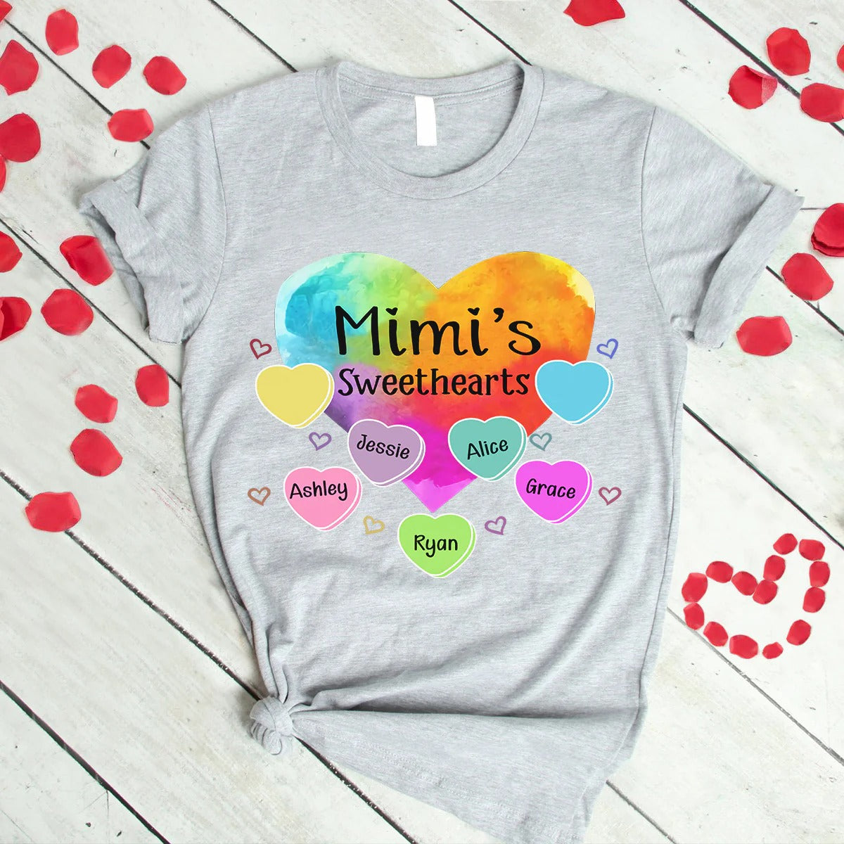 Grandma and Kids Custom Name T-shirt, Grandma Sweethearts With Grandkids Heart Color Art Personalized Shirt - Perfect Gift For Gigi, Nana, Mimi, Grandma