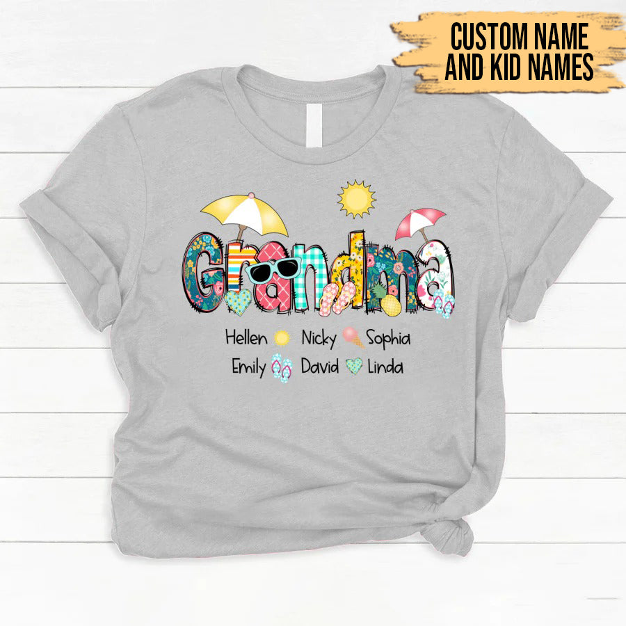 Grandma and Kids Custom Name T-shirt, Summer Grandma With Grandkids Name Personalized Shirt - Perfect Gift For Gigi, Nana, Mimi, Grandma