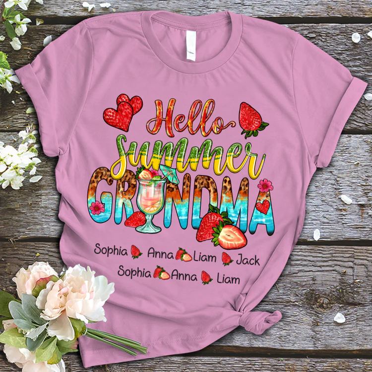 Grandma And Kids Custom Name T-shirt, Mother's Day Shirt, Hello Summer Strawberry Grandma And Kids Personalized Shirt - Perfect Gift For Nana, Mimi, Grandma