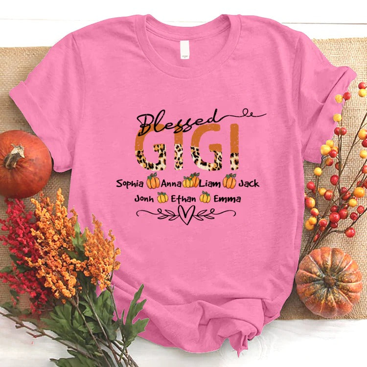 Gigi And Kids Custom Name T-shirt, Mother's Day Shirt, Leopard Blessed Gigi And Kids Pumpkin Personalized Shirt - Perfect Gift For Gigi, Nana, Mimi, Grandma