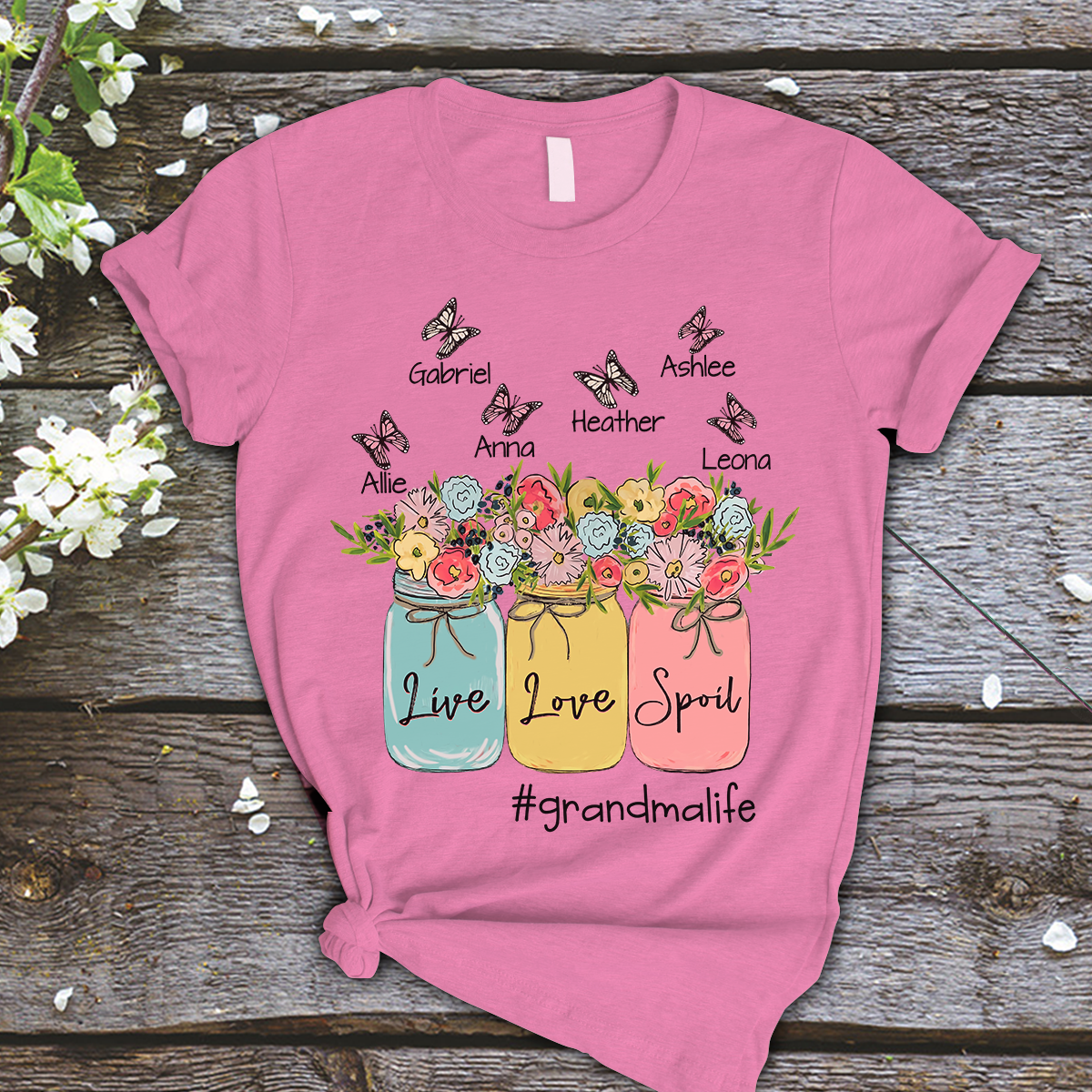 Grandma and Kids Custom Name T-shirt, Live Love Spoil Grandmalife Personalized Shirt, Flower Vase Shirt - Perfect Gift For Gigi, Nana, Mimi, Grandma