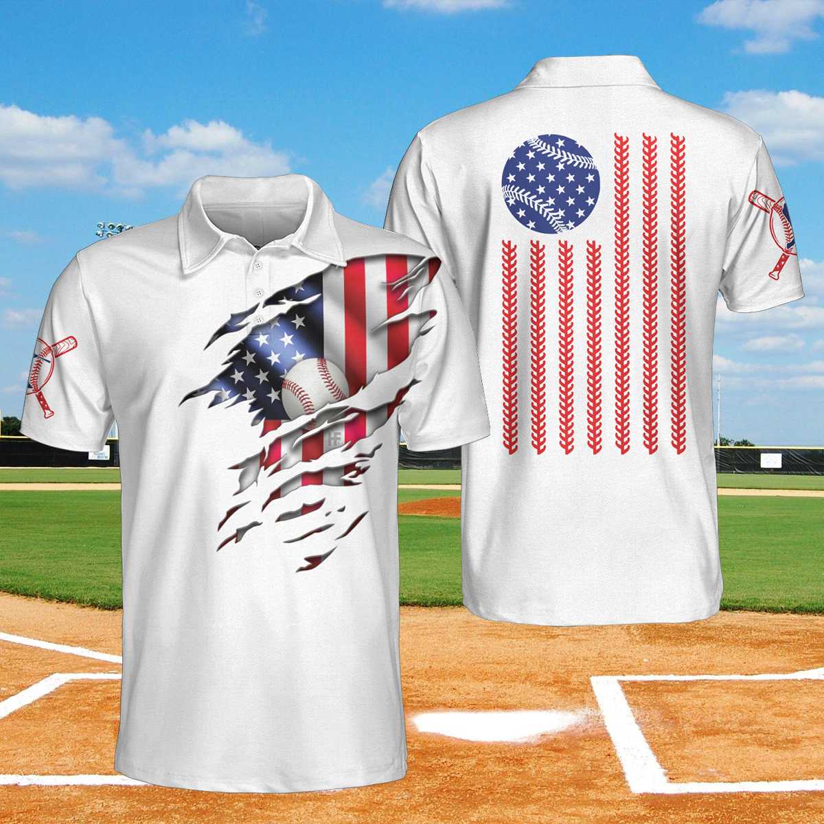 Baseball American Flag Men Polo Shirt, White Baseball USA Flag Polo Shirt, Patriotic Baseball Shirt For Men, Gift For Golfers