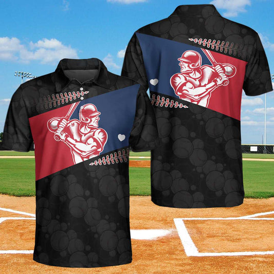Baseball Player Heart Men Polo Shirt, Black Theme Baseball Pattern Polo Shirt, Best Baseball Shirt For Men, Gift For Baseball Lovers