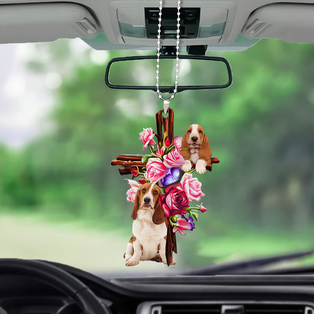 Basset Hound Roses and Jesus Ornament - Dog Car Hanging Ornament - Gift For Dog Mom, Dog Lover, Dog Owner