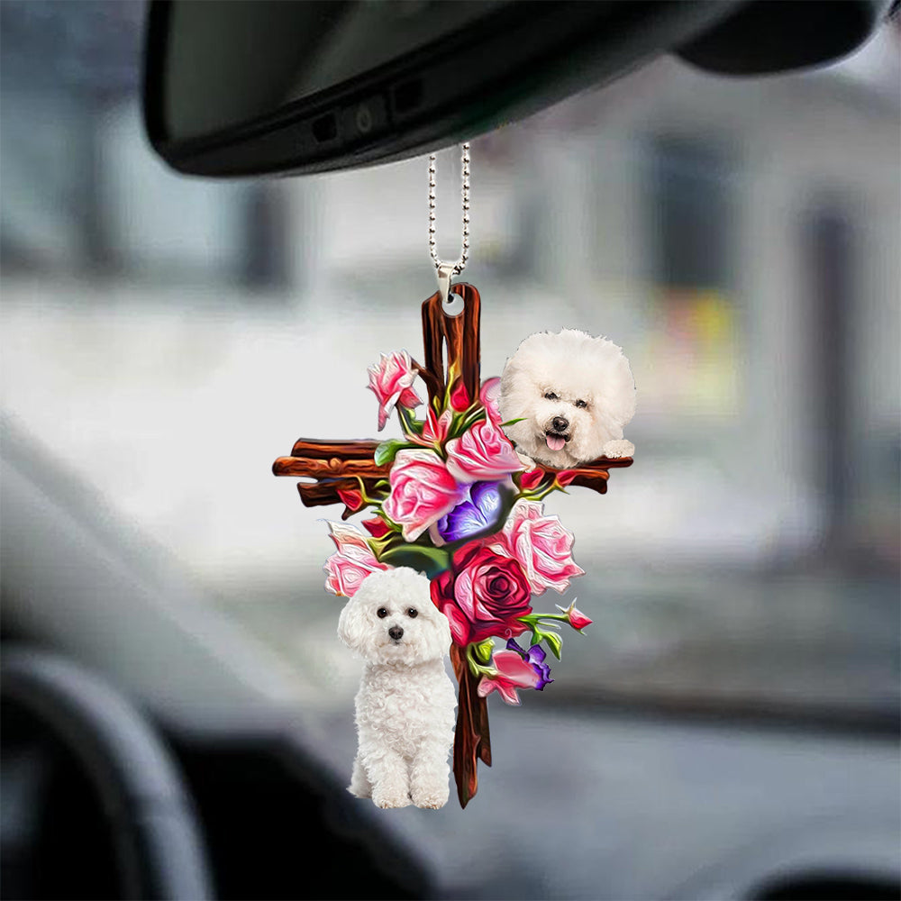 Bichon Frise Roses and Jesus Ornament - Dog Car Hanging Ornament - Dog Ornaments For Men Women - Gift For Dog Mom, Dog Lover, Dog Owner