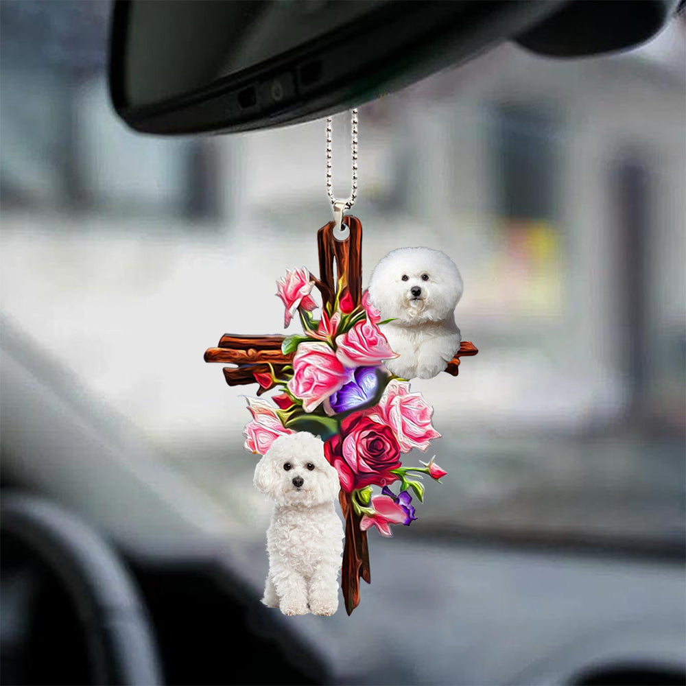 Bichon Frise Roses and Jesus Ornament - Dog Car Hanging Ornament - Gift For Dog Mom, Dog Lover, Dog Owner