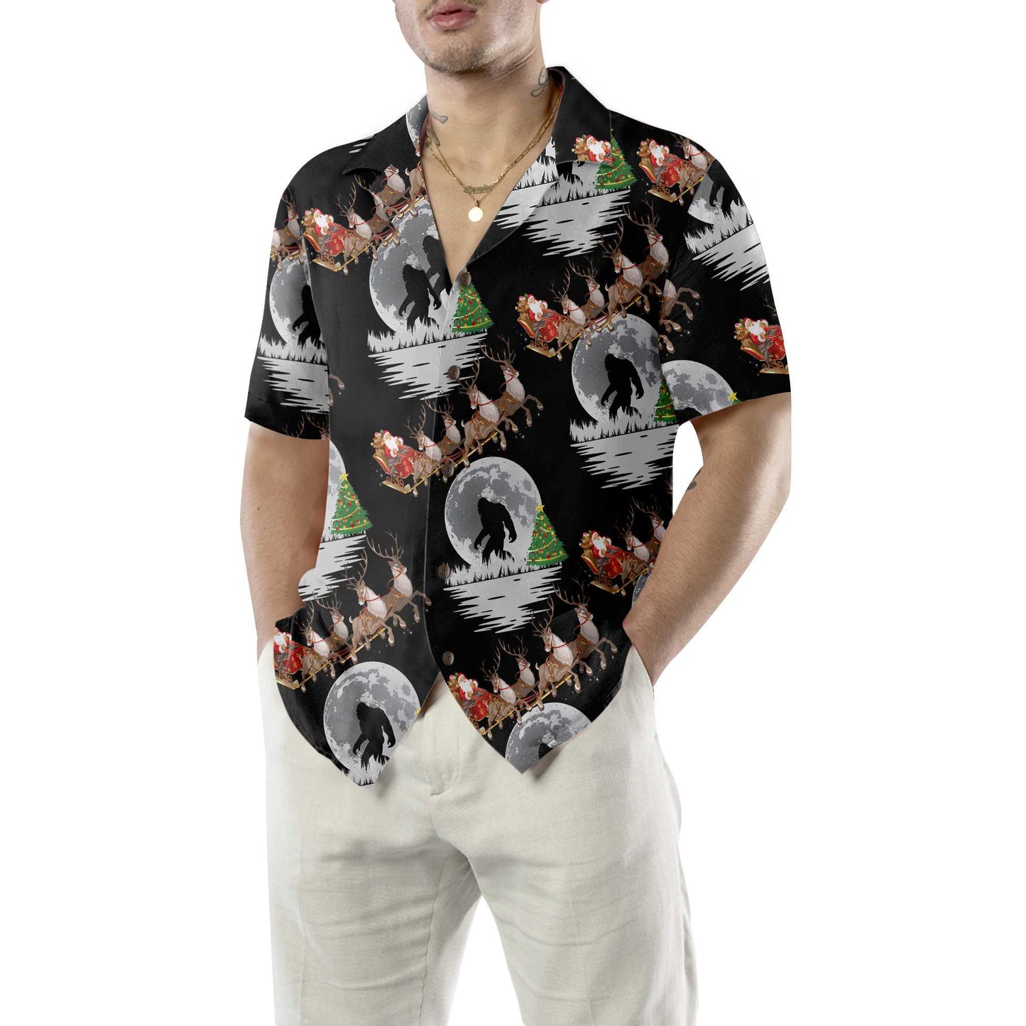 Bigfoot Santa Claus On Christmas Day Hawaiian Shirt, Funny Christmas Shirt For Men, Bigfoot Christmas Hawaiian Shirt For Men, Perfect Gift For Christmas Lovers, Friends, Husband, Boyfriend, Family