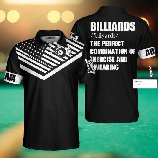 Men Polo Shirt - Billiards Excercise And Swearing Custom Polo Shirt - Gift For Billiards Player - Black And White American Flag Billiards Shirt