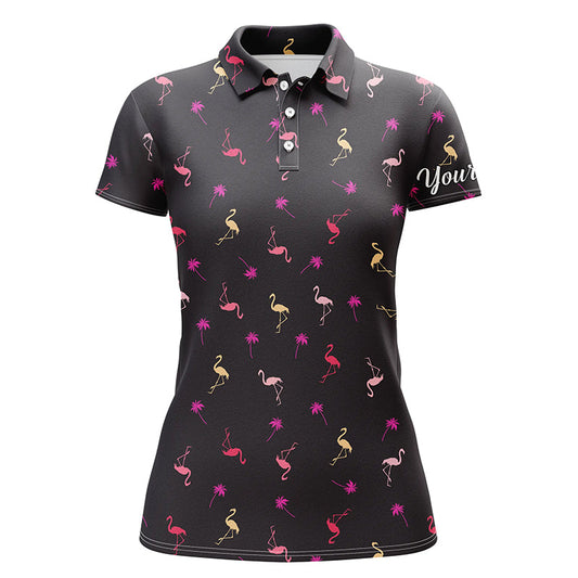 Black Womens Golf Polo Shirt Neon Pink Flamingos Palm Pattern Custom Team Flamingo Golf Polo Shirts, Best Gift For Women