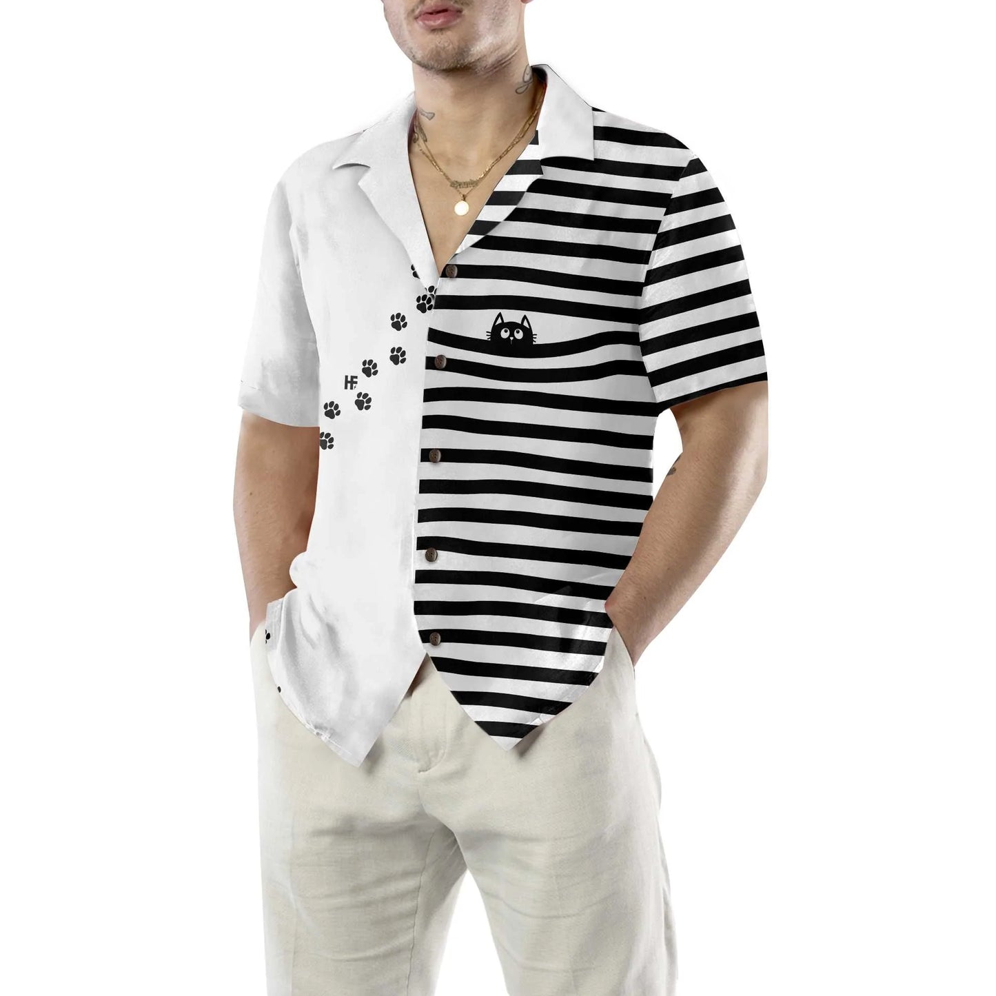 Black Cat Paw Print Hawaiian Shirt, Cat Themed Gift For Cat Lovers, Best Gift For Husband, Boyfriend, Friends, Family