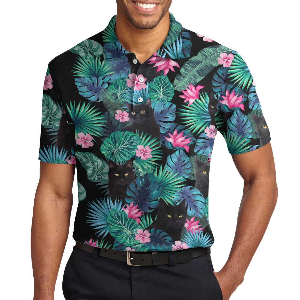 Men Polo Shirt - Black Cat Tropical Short Sleeve Polo Shirt, Cute Floral Polo Shirt, Best Golf Shirt For Men