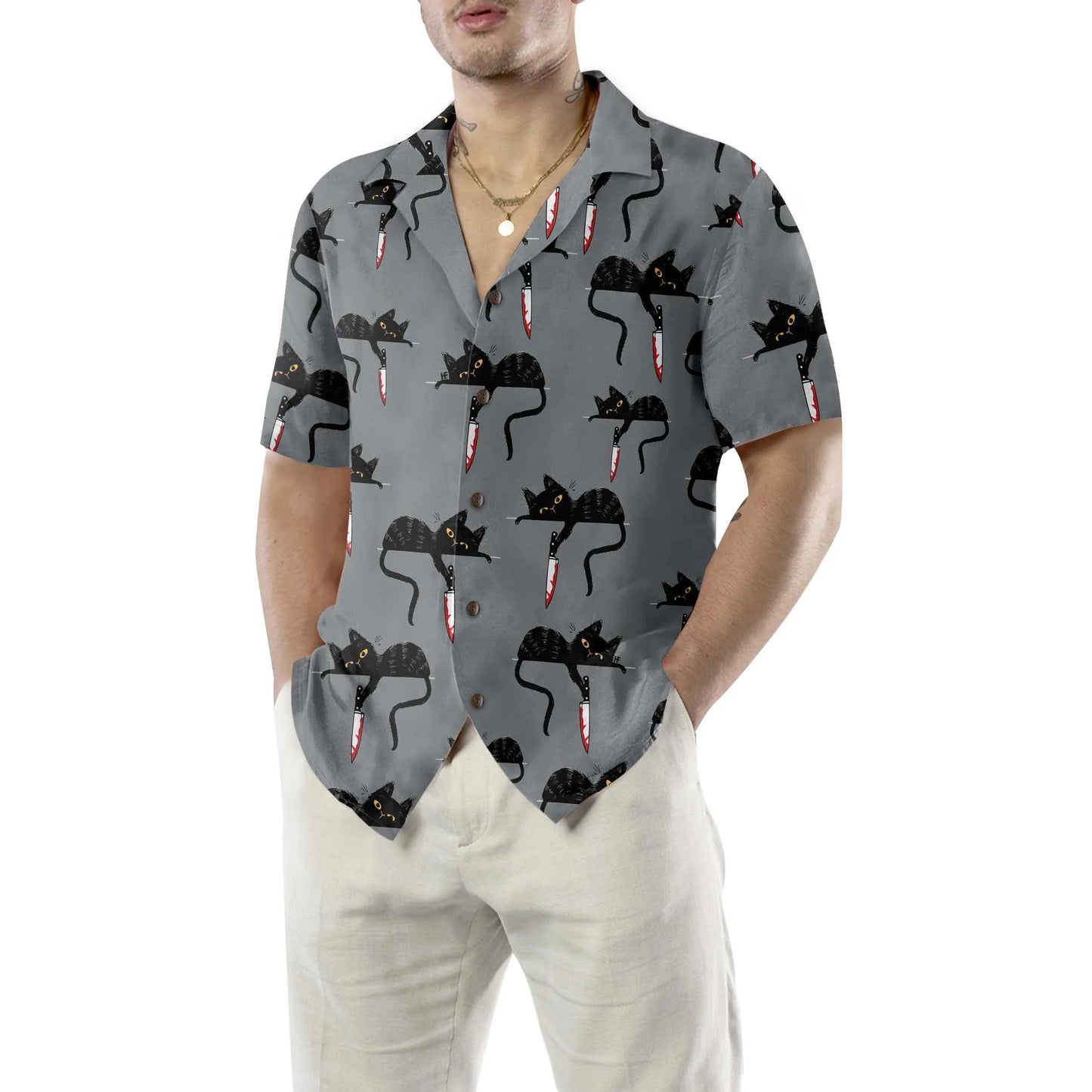 Black Cat With Knife Hawaiian Shirt, Cat Themed Gift For Cat Lovers, Husband, Boyfriend, Friends, Family