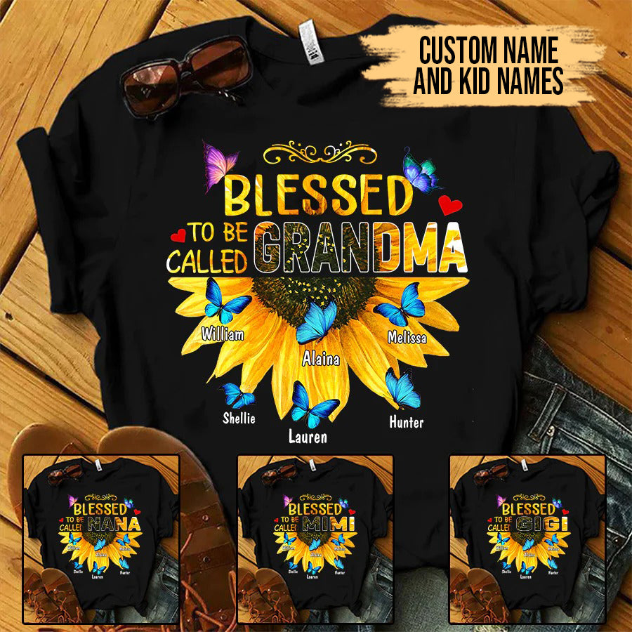 Grandma and Kids Custom Name T-shirt, Blessed To Be Called Grandma Sunflower Gift Personalized Shirt - Perfect Gift For Gigi, Nana, Mimi, Grandma