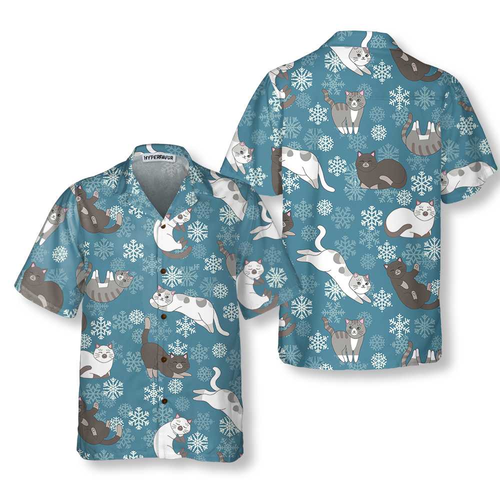 Blue Snowflakes Adorable Kittens Hawaiian Shirt, Funny Christmas Aloha Shirt, Best Gift For lover, Friend, Family