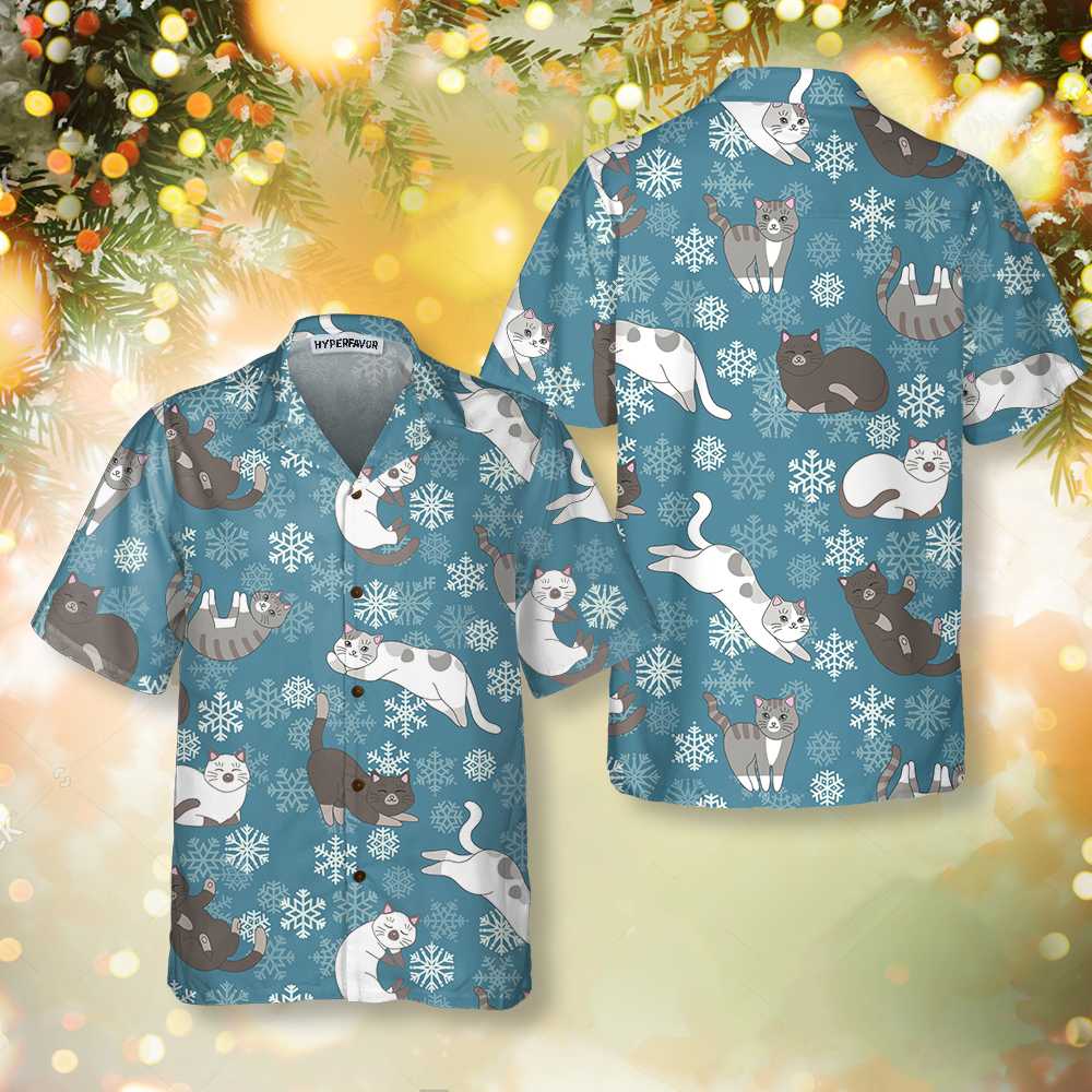Blue Snowflakes Adorable Kittens Hawaiian Shirt, Funny Christmas Aloha Shirt, Best Gift For lover, Friend, Family