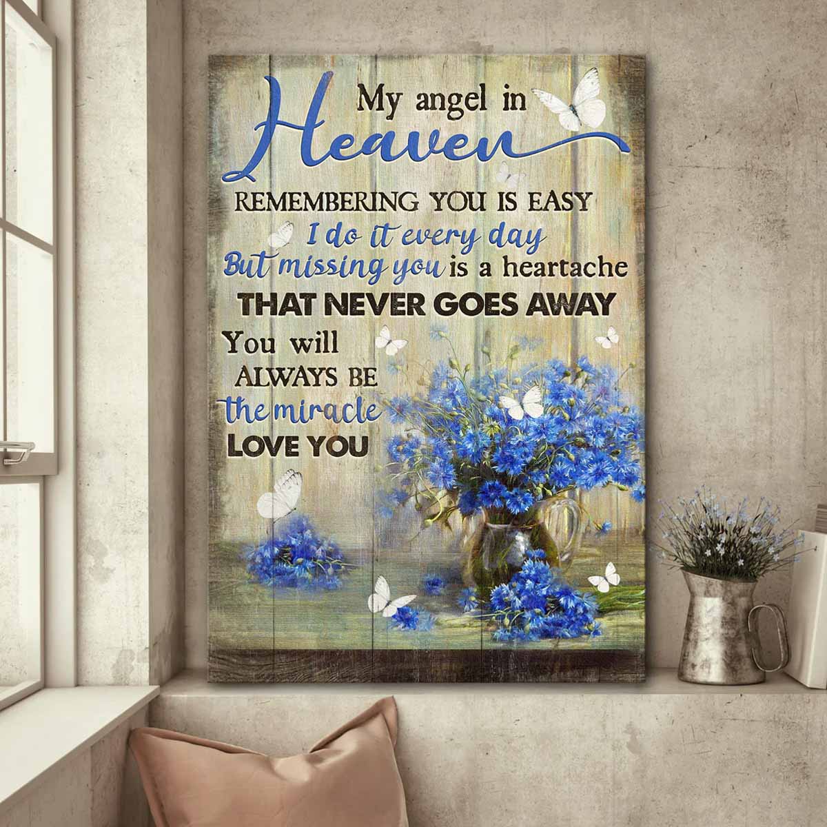 Jesus Portrait Canvas - Blue flower, Glass vase, Butterfly Portrait Canvas - Gift For Christian - You will always be the miracle Portrait Canvas