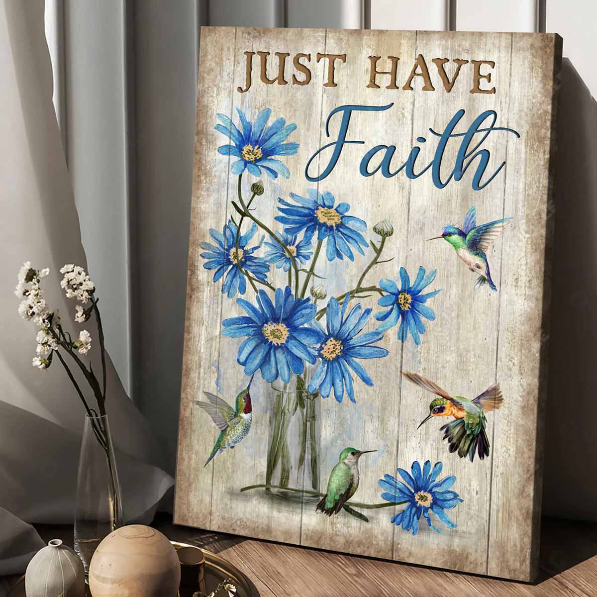 Jesus Portrait Canvas - Blue flower painting, Watercolor hummingbird, Motivational quote Portrait Canvas - Gift For Christian - Just have faith Portrait Canvas