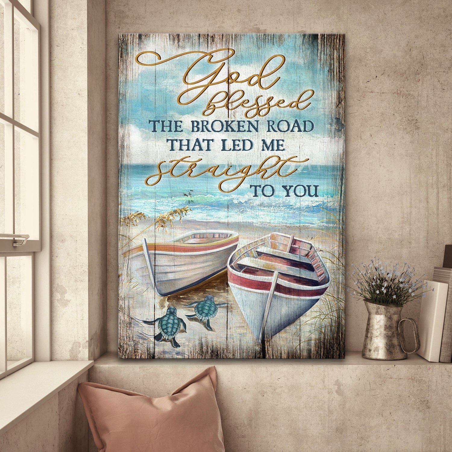 Couple Portrait Canvas- Boat, Little Turtle, Sand Beach canvas- Gift for Couple, Lover- God blessed the broken road that led me to you - Portrait Canvas Prints, Wall Art