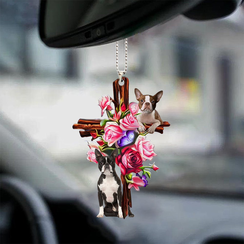 Boston Terrier Roses and Jesus Ornament - Dog Car Hanging Ornament - Gift For Dog Mom, Dog Lover, Dog Owner