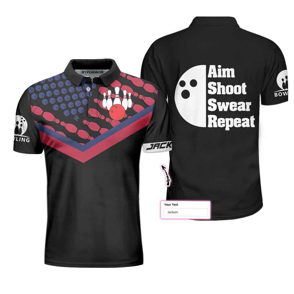 Men Polo Shirt - Bowling Aim Shoot Swear Repeat Custom Polo Shirt, Customized Bowling Shirt For Bowlers, Tenpin Bowling Shirt - Best Polo Shirt For Men