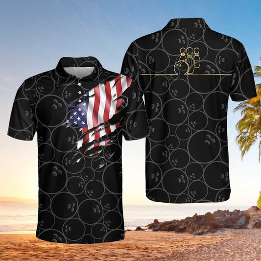 Men Polo Shirt - Bowling American Flag Short Sleeve Polo Shirt, Bowling Ball Pattern USA Flag Polo Shirt, Bowling Shirt For Men