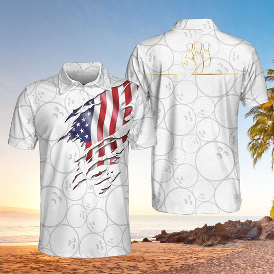 Men Polo Shirt - Bowling American Flag White Background Polo Shirt, American Flag Polo Shirt, Best Bowling Shirt For Men - Best Polo Shirt For Men