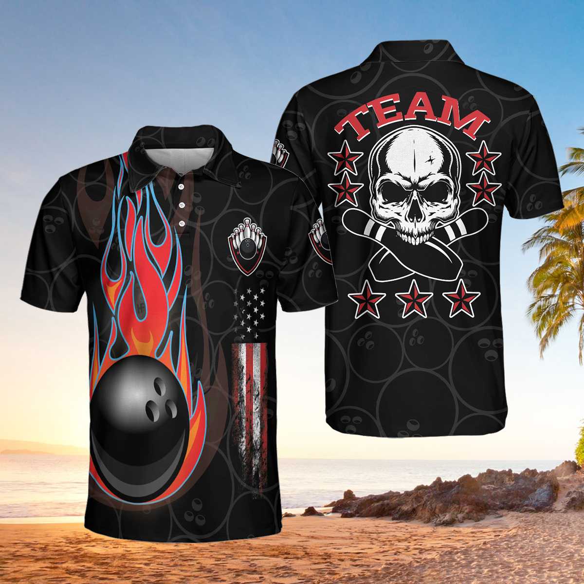 Men Polo Shirt - Bowling And Skull Team Black Short Sleeve Polo Shirt, Skull Polo Shirt, Best Bowling Shirt For Men