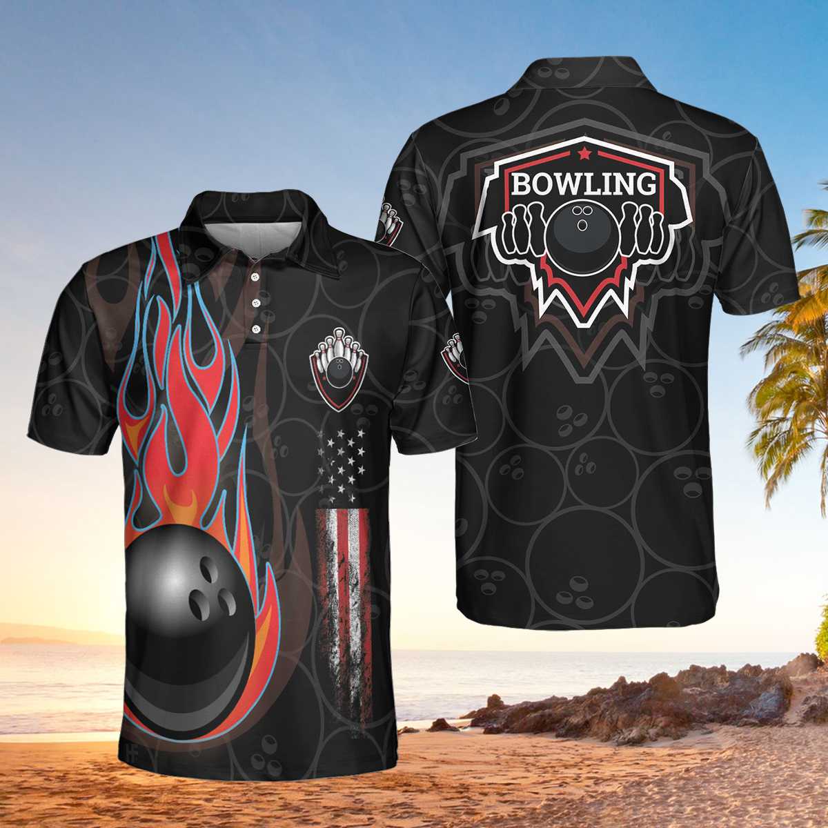 Bowling Men Polo Shirt - Bowling In Fire And American Flag Polo Shirt, Best Bowling Shirt For Men - Perfect Gift For Friend, Family, Bowling Lovers