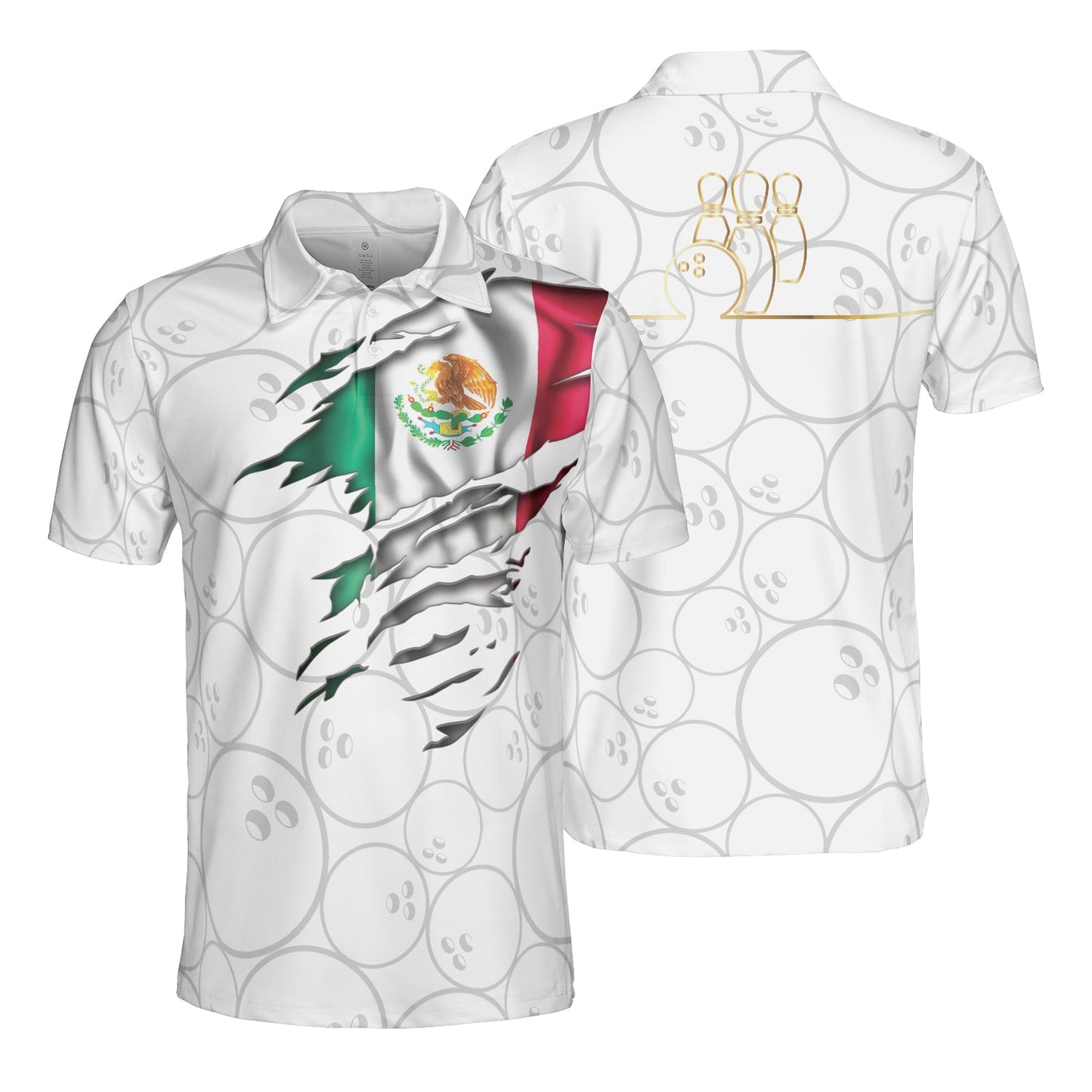 Bowling Men Polo Shirt - Bowling Mexico Flag White Background Polo Shirt, White Bowling Polo Shirt For Men - Perfect Gift For Friend, Family, Bowling Lovers