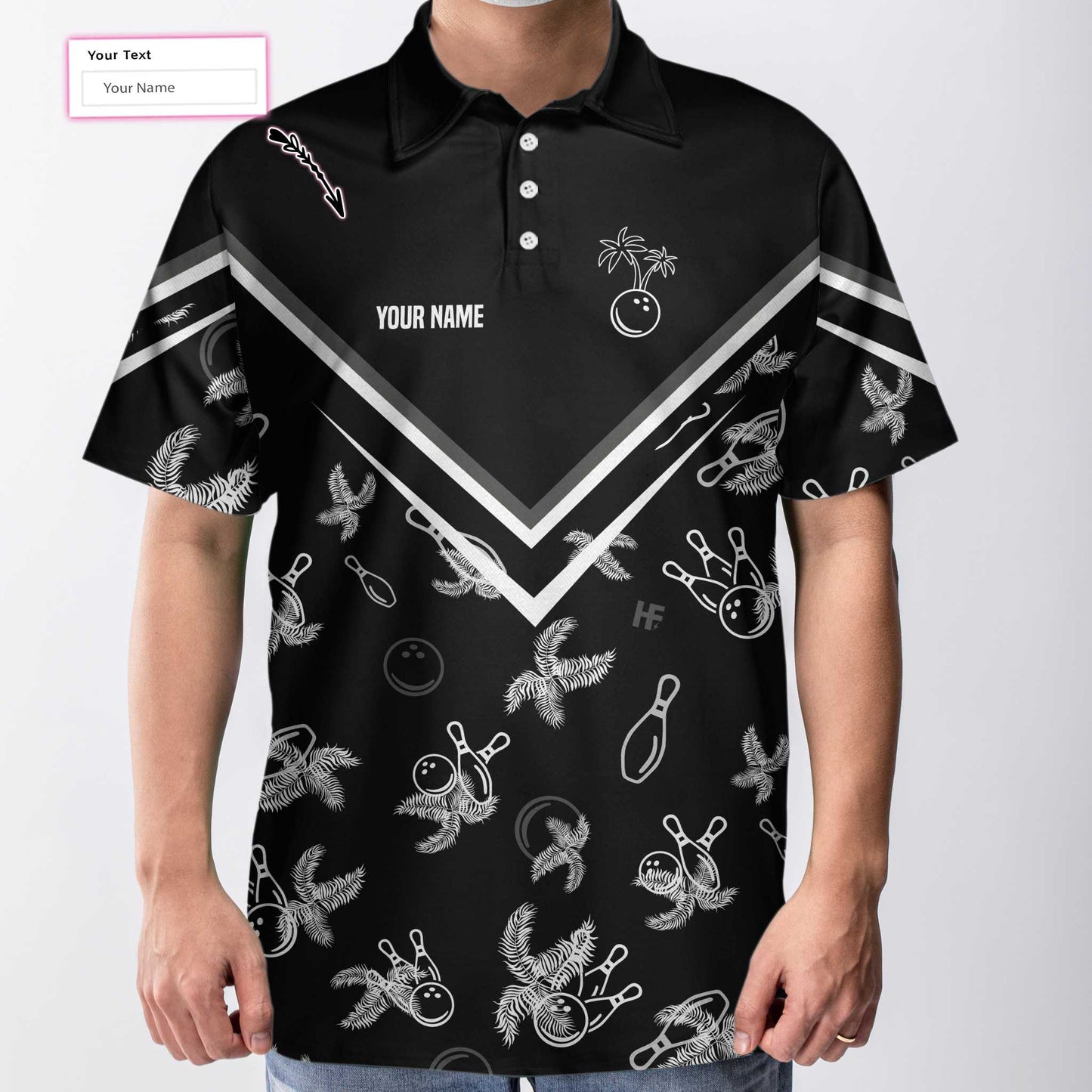Bowling Custom Men Polo Shirt - Custom Name Monochrome Tropical Pattern, Black Bowling Personalized Polo Shirt - Perfect Gift For Friend, Family, Bowling Lovers