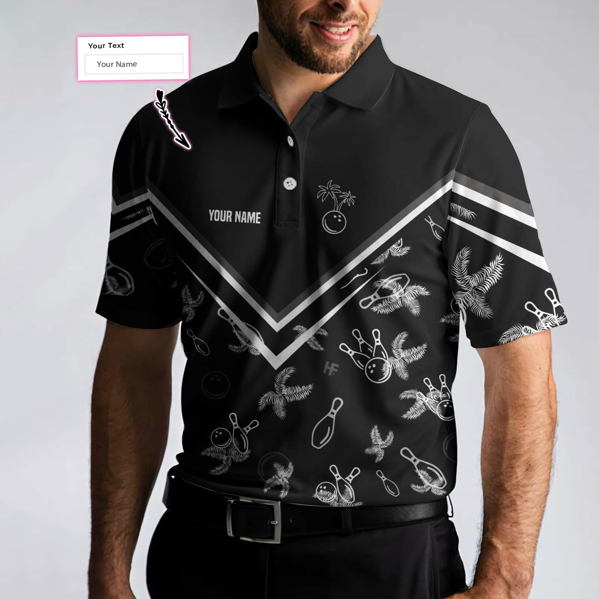 Bowling Custom Men Polo Shirt - Custom Name Monochrome Tropical Pattern, Black Bowling Personalized Polo Shirt - Perfect Gift For Friend, Family, Bowling Lovers