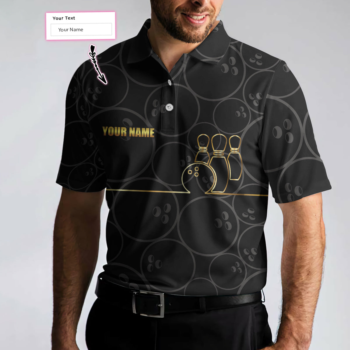 Bowling Custom Men Polo Shirt - Black And Golden Pattern Custom Polo Shirt, Personalized Bowling Polo Shirt - Perfect Gift For Friend, Family, Bowling Lovers