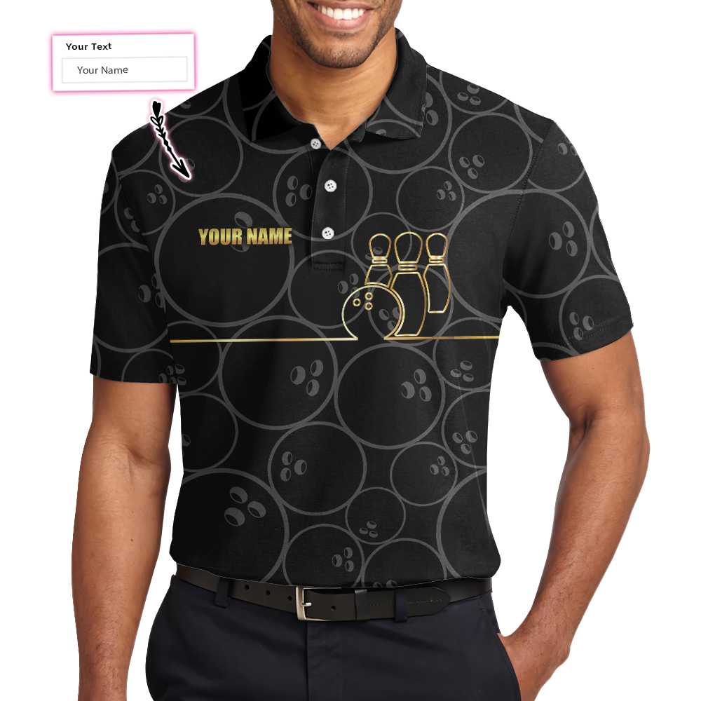 Bowling Custom Men Polo Shirt - Black And Golden Pattern Custom Polo Shirt, Personalized Bowling Polo Shirt - Perfect Gift For Friend, Family, Bowling Lovers