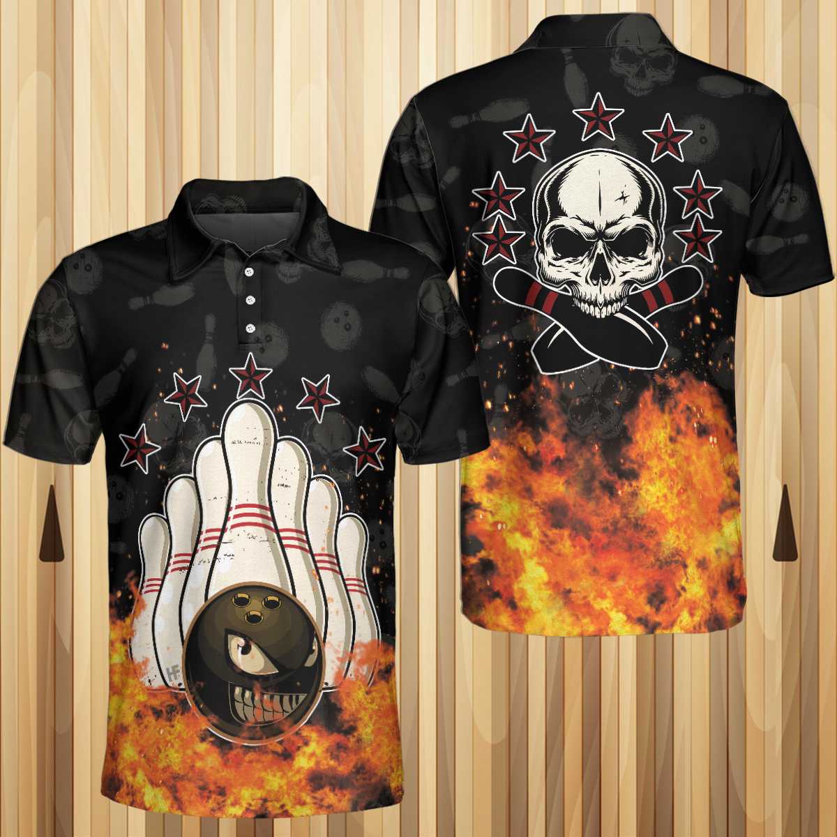 Bowling Men Polo Shirt - Bowling Skull And Monster Ball Polo Shirt, Skull Star Fire Best Bowling Shirt For Men - Perfect Gift For Friend, Family, Bowling Lovers