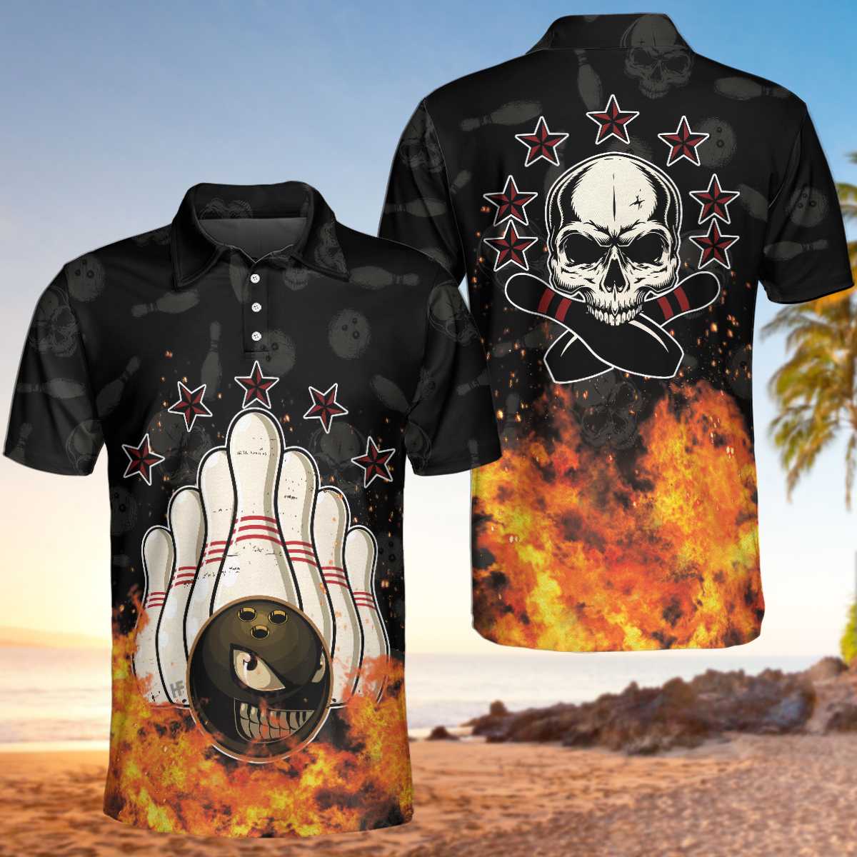 Bowling Men Polo Shirt - Bowling Skull And Monster Ball Polo Shirt, Skull Star Fire Best Bowling Shirt For Men - Perfect Gift For Friend, Family, Bowling Lovers
