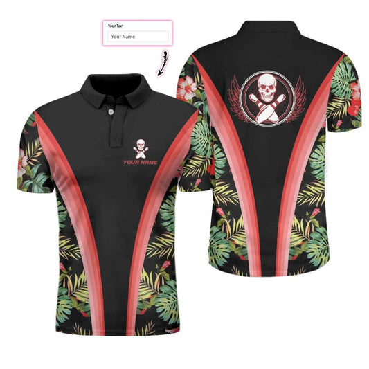 Bowling Skull Tropical Flower Custom Polo Shirt, Skull Floral Bowling Shirt For Bowlers, Cool Tropical Shirt Design