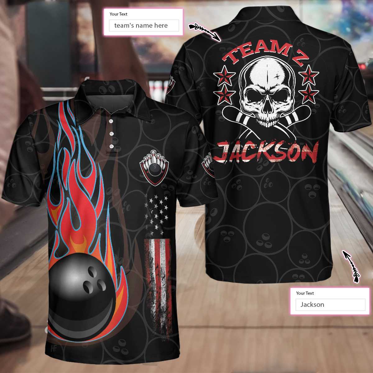 Bowling Custom Men Polo Shirt - Custom Name Skull, Skull American Flag Personalized Bowling Polo Shirt For Men - Perfect Gift For Friend, Family, Bowling Lovers
