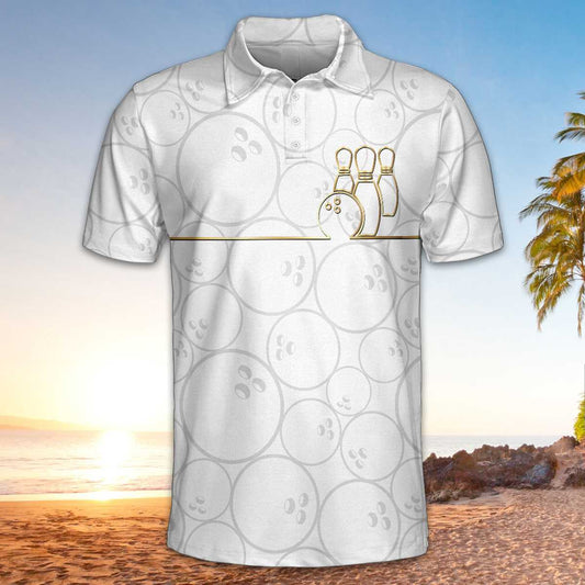 Bowling Men Polo Shirt - White And Golden Pattern Polo Shirt, Bowling Ball Pattern Polo Shirt, Best Bowling Shirt For Men - Perfect Gift For Friend, Family, Bowling Lovers