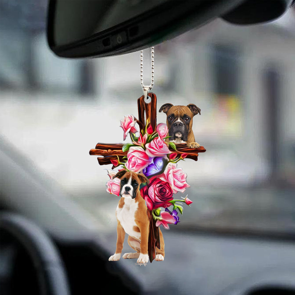 Boxer Roses and Jesus Ornament - Dog Car Hanging Ornament - Gift For Dog Mom, Dog Lover, Dog Owner