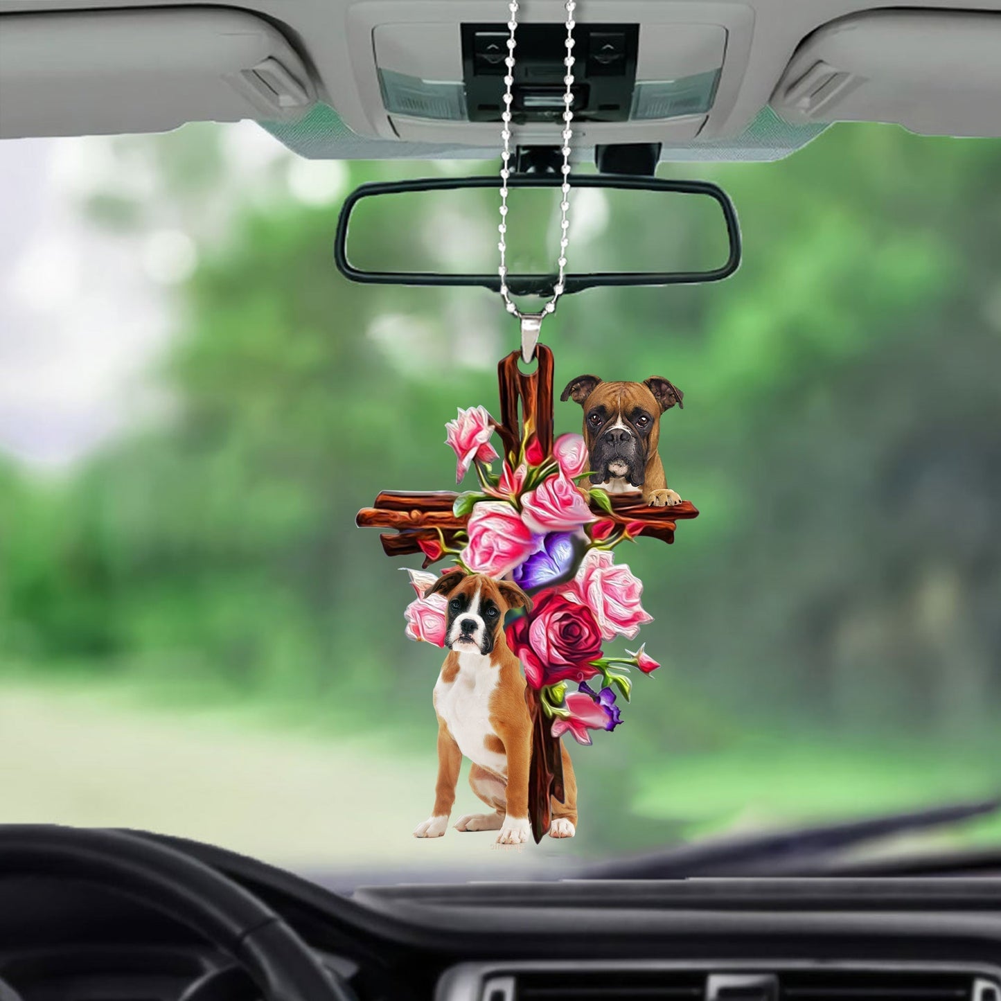 Boxer Roses and Jesus Ornament - Dog Car Hanging Ornament - Gift For Dog Mom, Dog Lover, Dog Owner