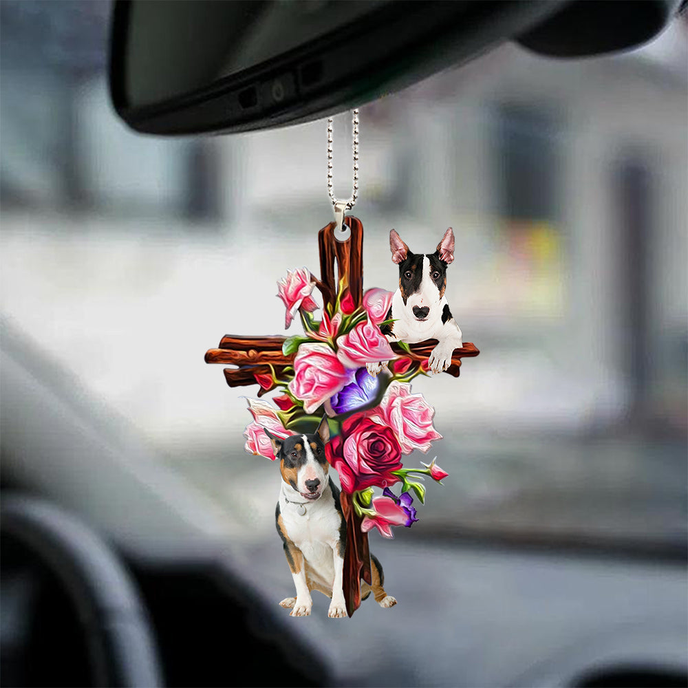 Bull Terrier Roses and Jesus Ornament - Dog Car Hanging Ornament - Gift For Dog Mom, Dog Lover, Dog Owner