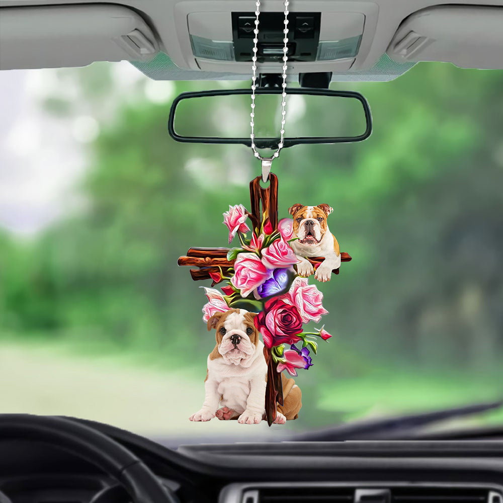 Bulldog Roses and Jesus Car Front Hanging Ornament - Dog Car Hanging Ornament - Gift For Dog Mom, Dog Lover, Dog Owner